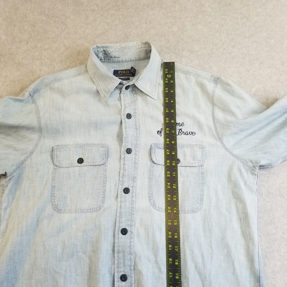 Polo Ralph Lauren Shirt Mens M Blue Denim Embroidered Eagle Brave American Flag